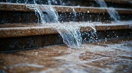 A close-up of rainwater splashing on stone steps, with water running down to the ground.