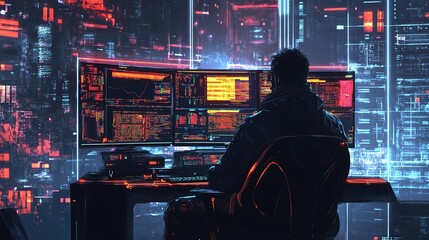 Hacker works at a computer with multiple monitors in a cyberpunk city.