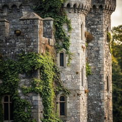 Fototapeta premium A close-up of the stone towers and battlements of an ancient Irish castle, weathered with age, with ivy climbing the walls, soft natural light emphasizing the intricate details
