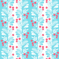 Seamless pattern with interweaving branches leaves and red berries on striped white and blue background. Vector hand draw illustration for wrapping paper, greeting cards