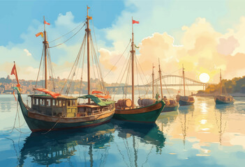 Sailing Ships at Sunset with Bridge in Background