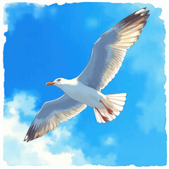 Obraz premium Seagull Flying in Blue Sky with Clouds