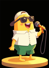 Fototapeta premium Smiling Cartoon Character Singing with Microphone 