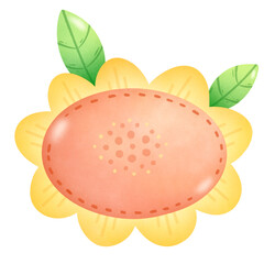 cheerful cartoon illustration of yellow sunflower with pink center and green leaves, perfect for educational materials and childrens products