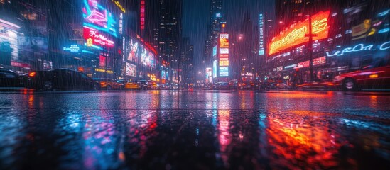 Wet city street at night with reflections of neon signs.