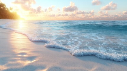 Obraz premium Serene beach at sunset, waves gently lapping on the shore.