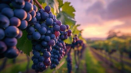 Close-up of ripe purple grapes hanging on the vine at sunset, with a blurred vineyard background and colorful sky.
