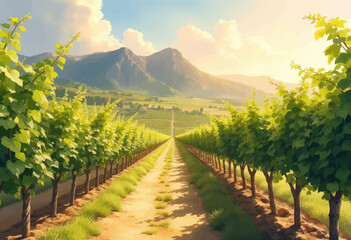 Fototapeta premium Vineyard Path Leading to Mountains 