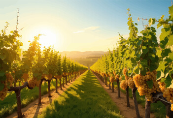 Fototapeta premium Vineyard at Sunset with Ripe Grapes
