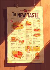 Vintage Menu Design with Food Illustrations and Prices 
