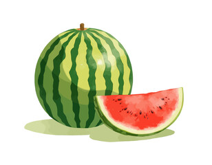 Watermelon Slice and Whole Fruit Illustration 
