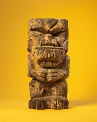 Tribal Wooden Totem Statue on Yellow Background