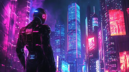 A futuristic cyberpunk city with neon lights and a lone cyborg standing in the street.