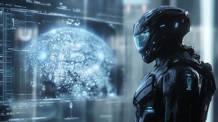 Fototapeta premium A futuristic soldier in a black and blue exosuit, looking at a digital display showing a planet.