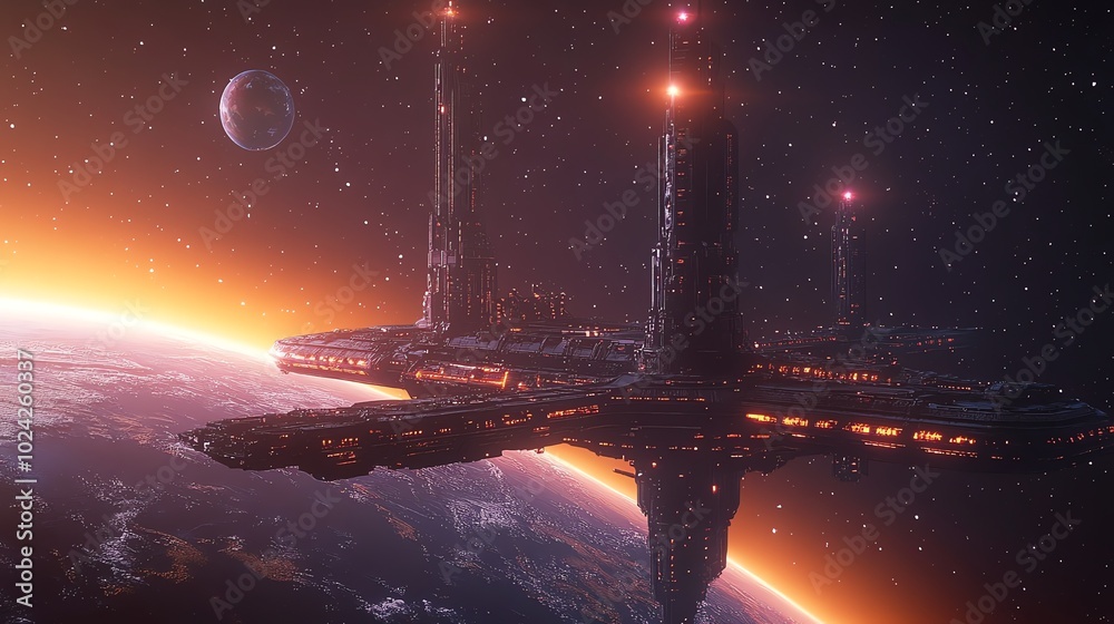 Wall mural a futuristic spaceship with glowing lights orbits a planet in space.