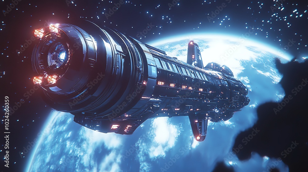 Wall mural futuristic spaceship orbiting a distant planet in space.