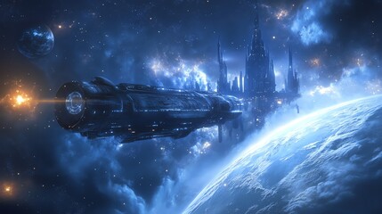 Naklejka premium Spaceship flying over a planet in a starry sky.