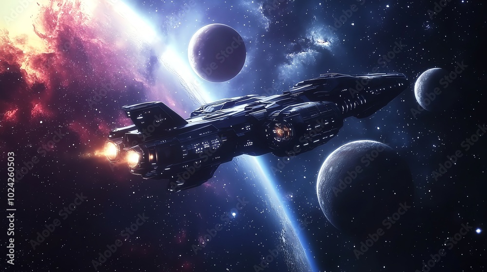 Canvas Prints a futuristic spaceship flies through space, past a planet and nebula.