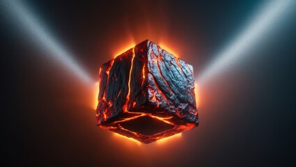 Glowing hot lava cube in dark environment.