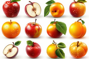 A collection of apples and peaches in different varieties, including whole and sliced pieces, realistically illustrated to show their fresh and juicy textures

