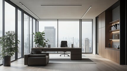 Modern office with a large desk, city views, and plants.