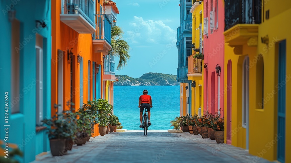 Wall mural a cyclist rides through a narrow street lined with colorful houses towards a beautiful beach and oce