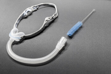 CPAP nose mask with cleaning brush for cpap machine against obstructive sleep apnea helps patients to clean respirator equipment tube headgear clip for breathing medication in snoring sleep disorder