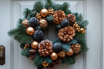 Christmas wreath hanging on front door with pine cones and ornaments