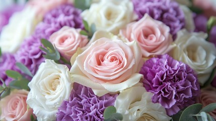 Obraz premium Bouquet of white, peach and lavender roses lying on table