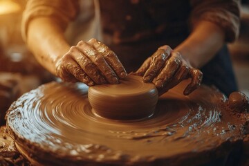 A close-up of hands working on a small, delicate piece on the wheel, with the clay spinning smoothly under their guidance.