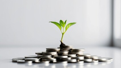 Green Sprout Growing From a Pile of Coins.