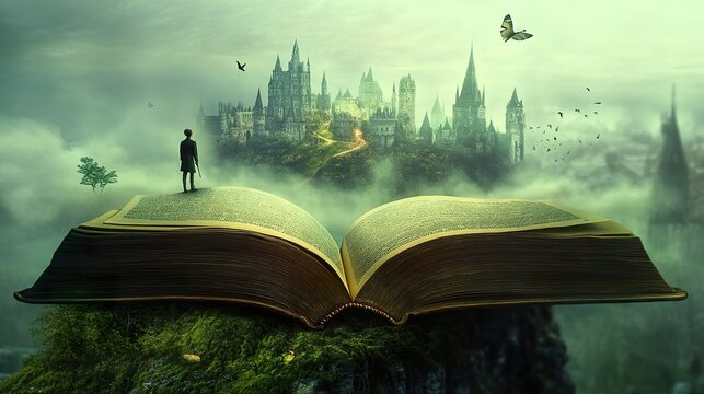 A reader lost in a captivating fiction book, with imaginative worlds and characters coming to life in their mind