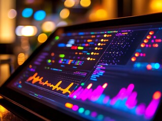 Obraz premium A close-up of a tablet displaying a machine learning output, with colorful charts and graphs showing real-time data.