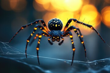 Fototapeta premium Large black and orange spider standing on web at sunset