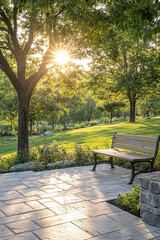 Empty bench sitting under a tree casting sunbeams in a garden