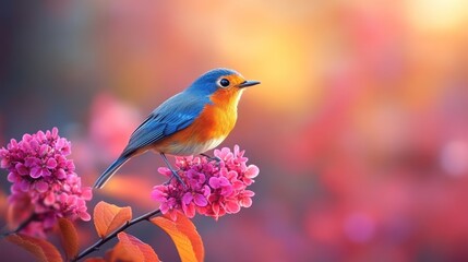 A vibrant bird perched on pink flowers in a soft, colorful background.