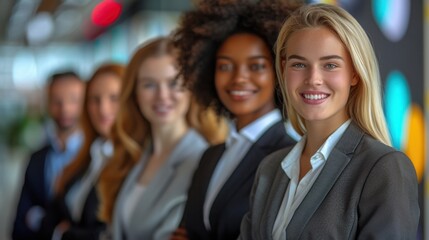 Obraz premium A diverse group of business professionals standing together, smiling confidently, representing teamwork and corporate diversity