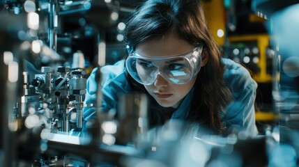 Female Engineer Inspecting Machinery with Safety Goggles