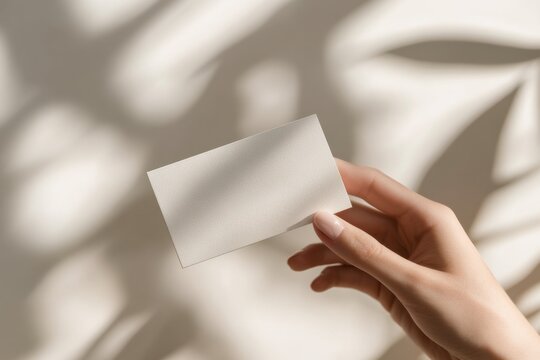 A hand holding a sophisticated business card mockup against a soft, shadowed background
