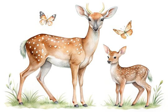 recommend clip art: Watercolor clipart of a deer and fawn with butterfly, drawn in a tilted angle