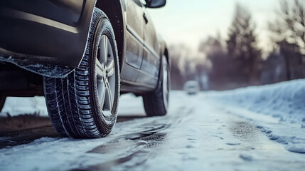 Car with winter tires stands on slippery road.