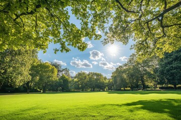 A large, lush green field with trees in the background, generative ai image