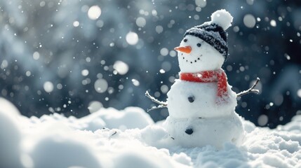 Playful Snowman in Red Scarf with Snowflakes in Winter Snowfall &ndash; Fun Outdoor Christmas Scene