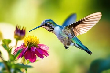 Obraz premium A close-up of a vibrant hummingbird hovering near a colorful flower in a sunlit garden