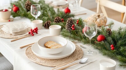Elegant Christmas table setting with greenery and festive decorations.