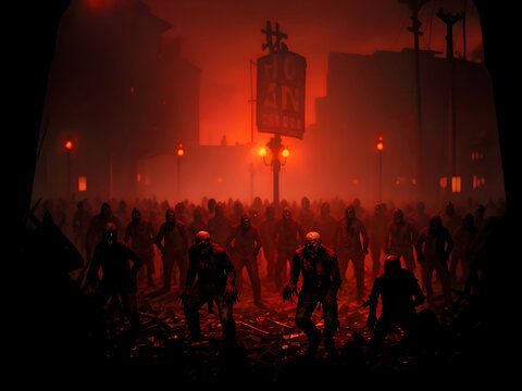 Horde of zombies with red dramatic lighting