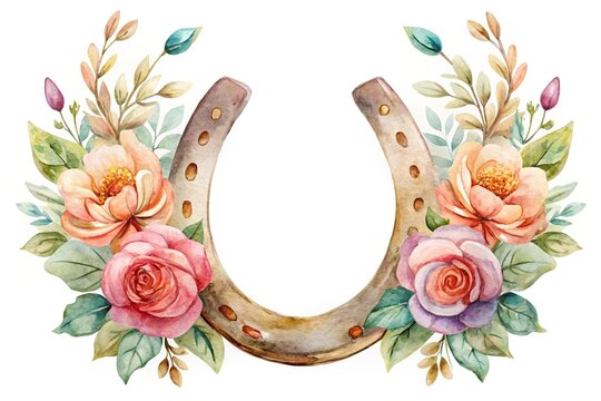 recommend clip art: Watercolor floral cowboy horseshoe and flowers Farmhouse rustic clipart isolated high angle view