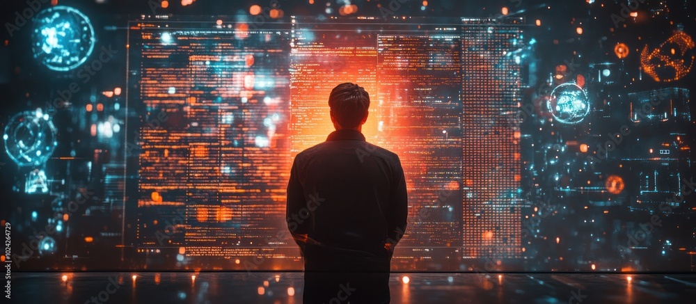 Wall mural man silhouetted against a large screen filled with abstract data and futuristic graphics.