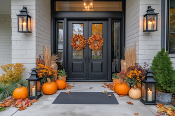 Beautiful fall autumn front door porch with pumpkins and chrysanthemum