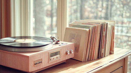 Fototapeta premium Vintage turntable from 80-90s with a stack of pink vinyl retro records standing on a wooden table by the window.The image evokes a sense of nostalgia, music and vintage style.